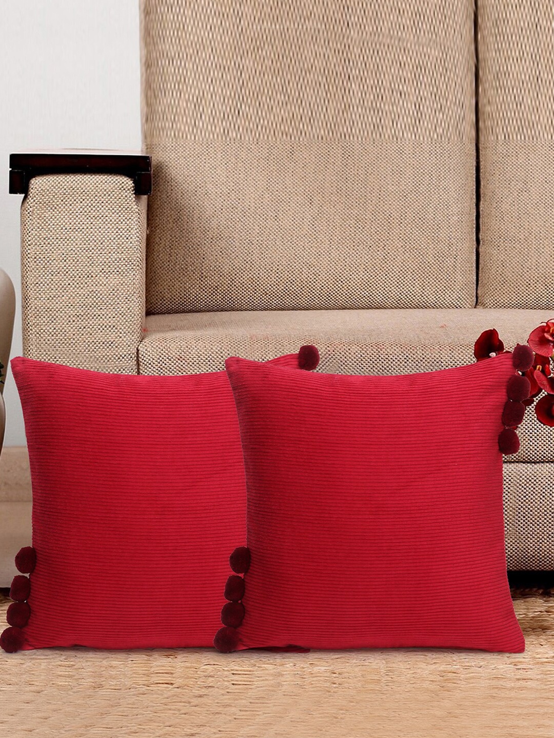 

Mezposh Maroon Set of 2 Striped Square Cushion Covers