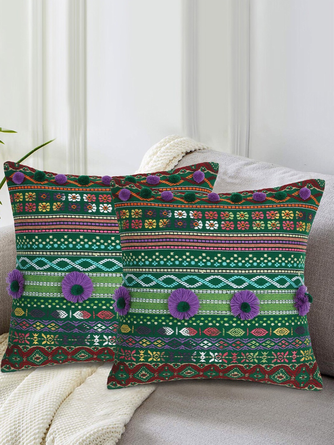 

Mezposh Green & Purple Set of 2 Self Design Square Cushion Covers