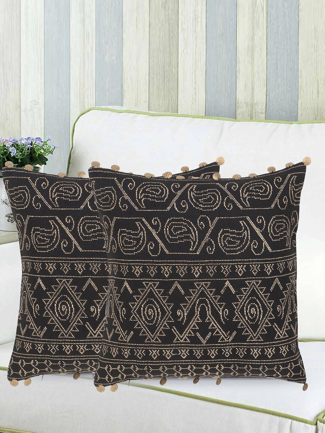 

Mezposh Black & Beige Set of 2 Embroidered Square Cushion Covers