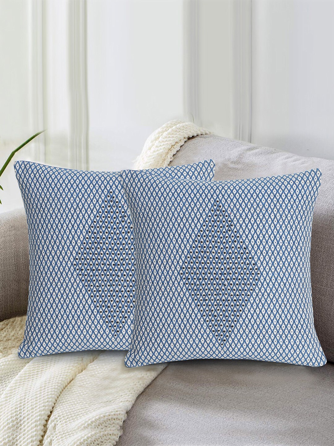 

Mezposh Blue & White Set of 2 Embroidered Square Jacquard Cushion Covers