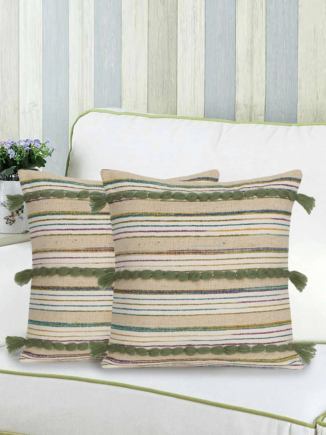 

Mezposh Off-White & Beige Set of 2 Self Design Square Cushion Covers