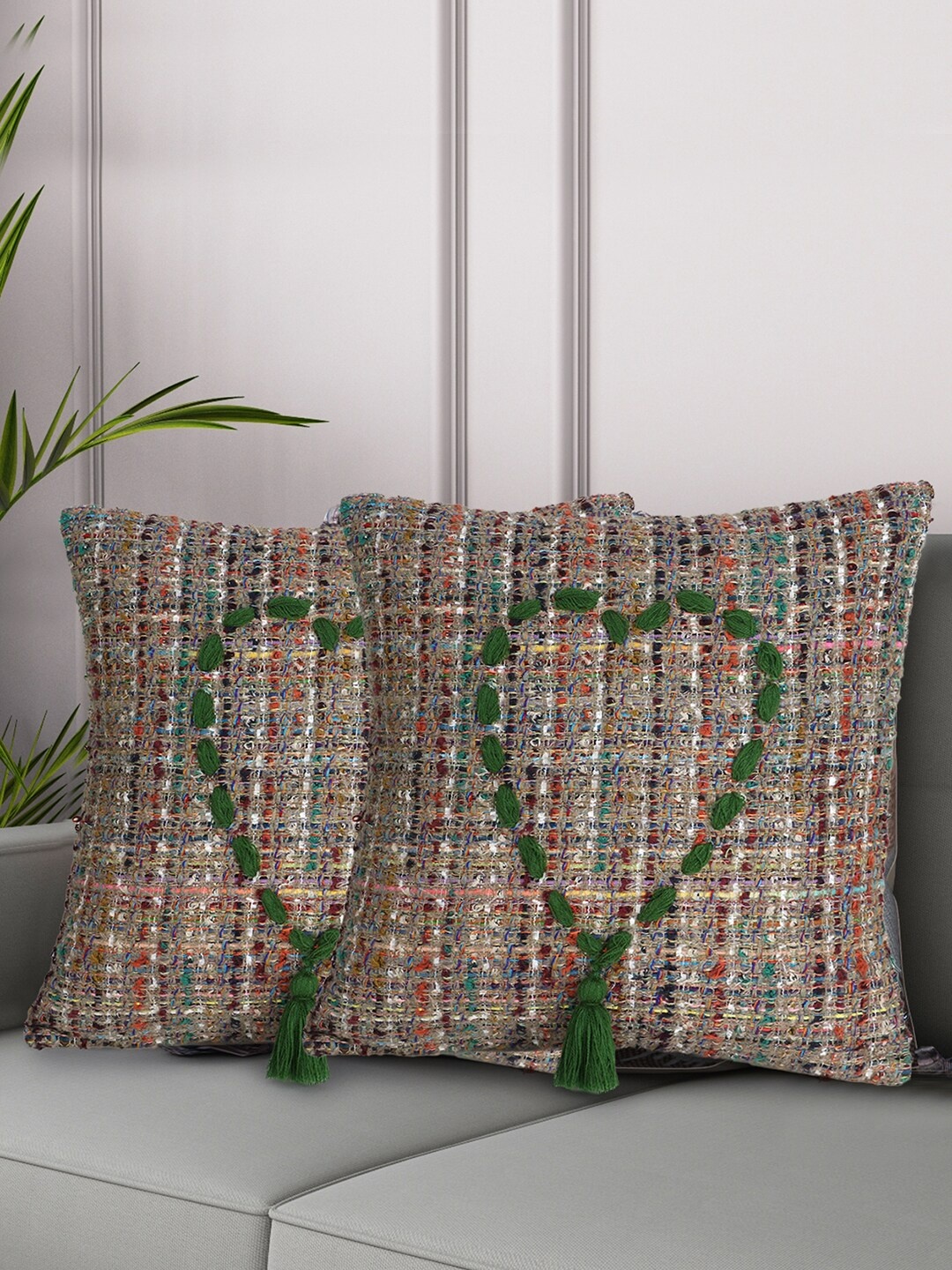 

Mezposh Set of 2 Green & Grey Self Design Square Cushion Covers