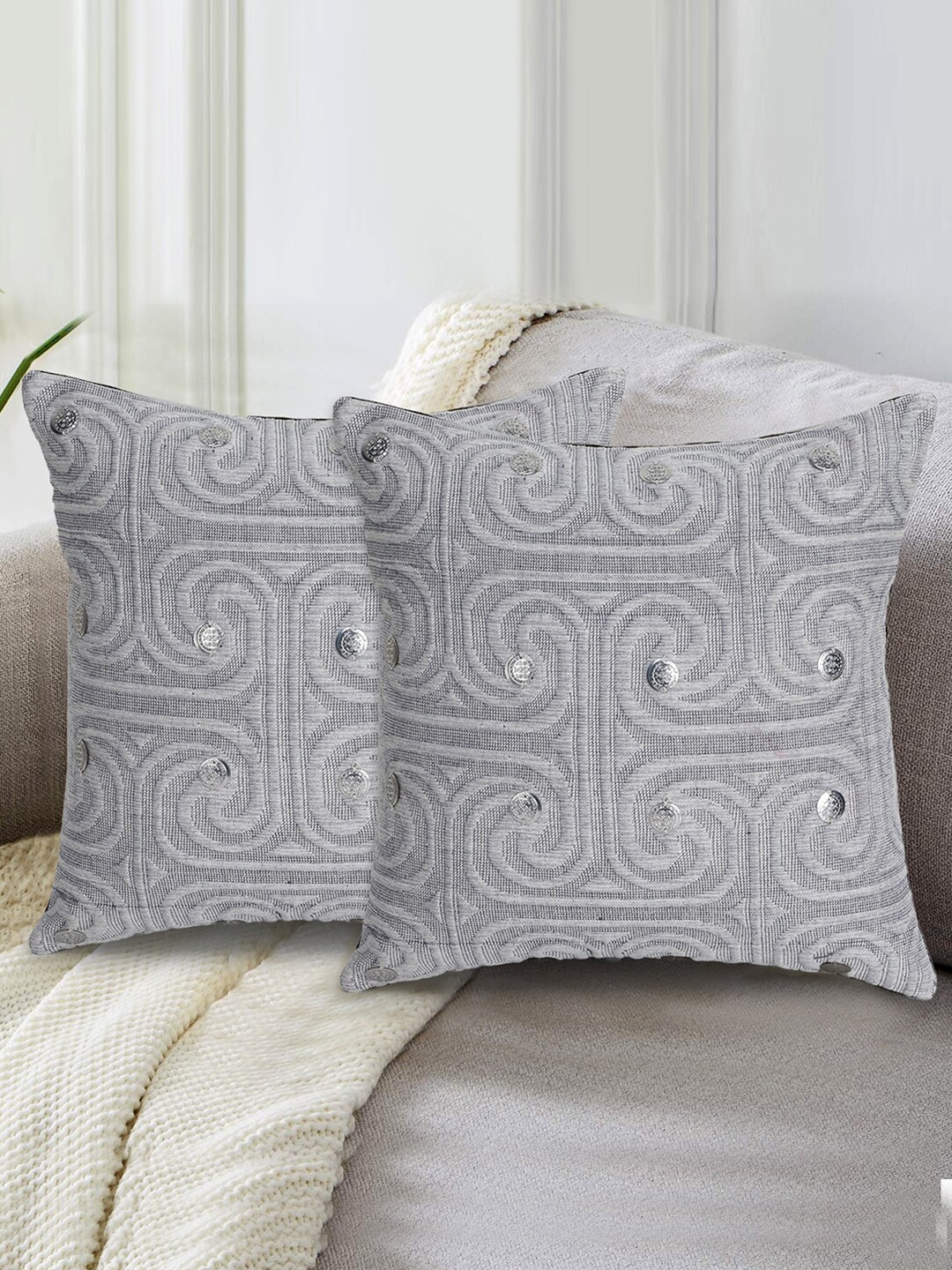 

Mezposh Grey & Black Set of 2 Self Design Square Cushion Covers