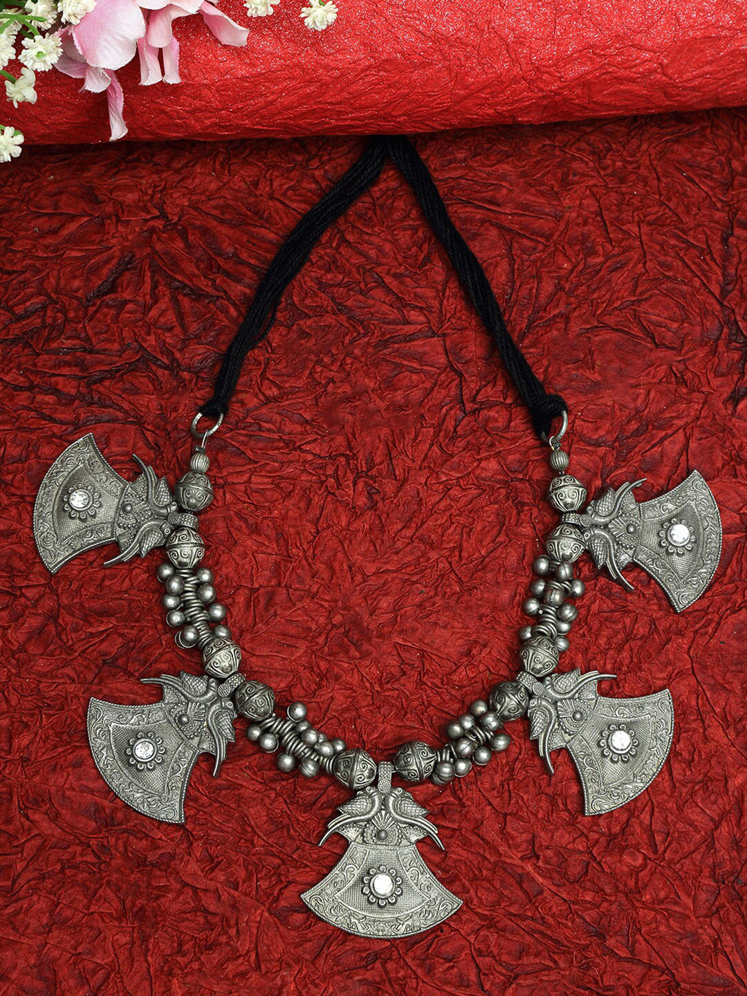 

Moedbuille Silver-Plated Tribal Handcrafted Ghungroo Antique Temple Oxidised Necklace