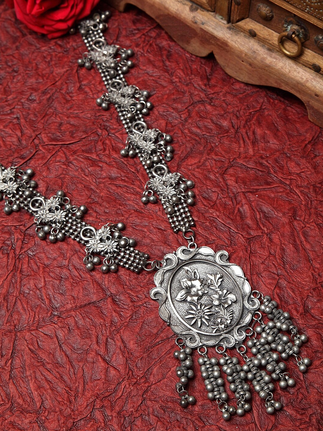 

Moedbuille Silver-Plated & Black Brass Ghungroo Oxidised Necklace