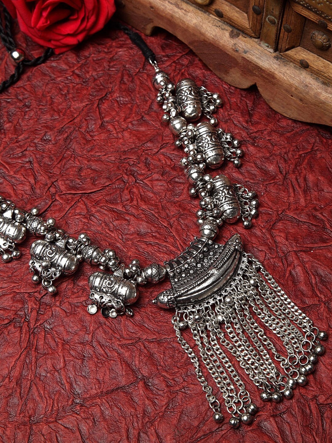 

Moedbuille Silver-Toned Brass Oxidised Afghan Tasselled Design Handcrafted Tribal Necklace