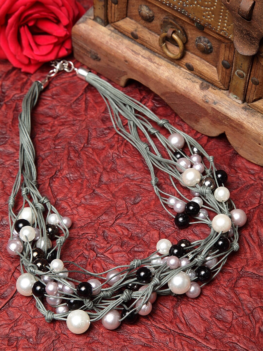 

Moedbuille Silver-Toned & Black Brass Silver-Plated Layered Necklace