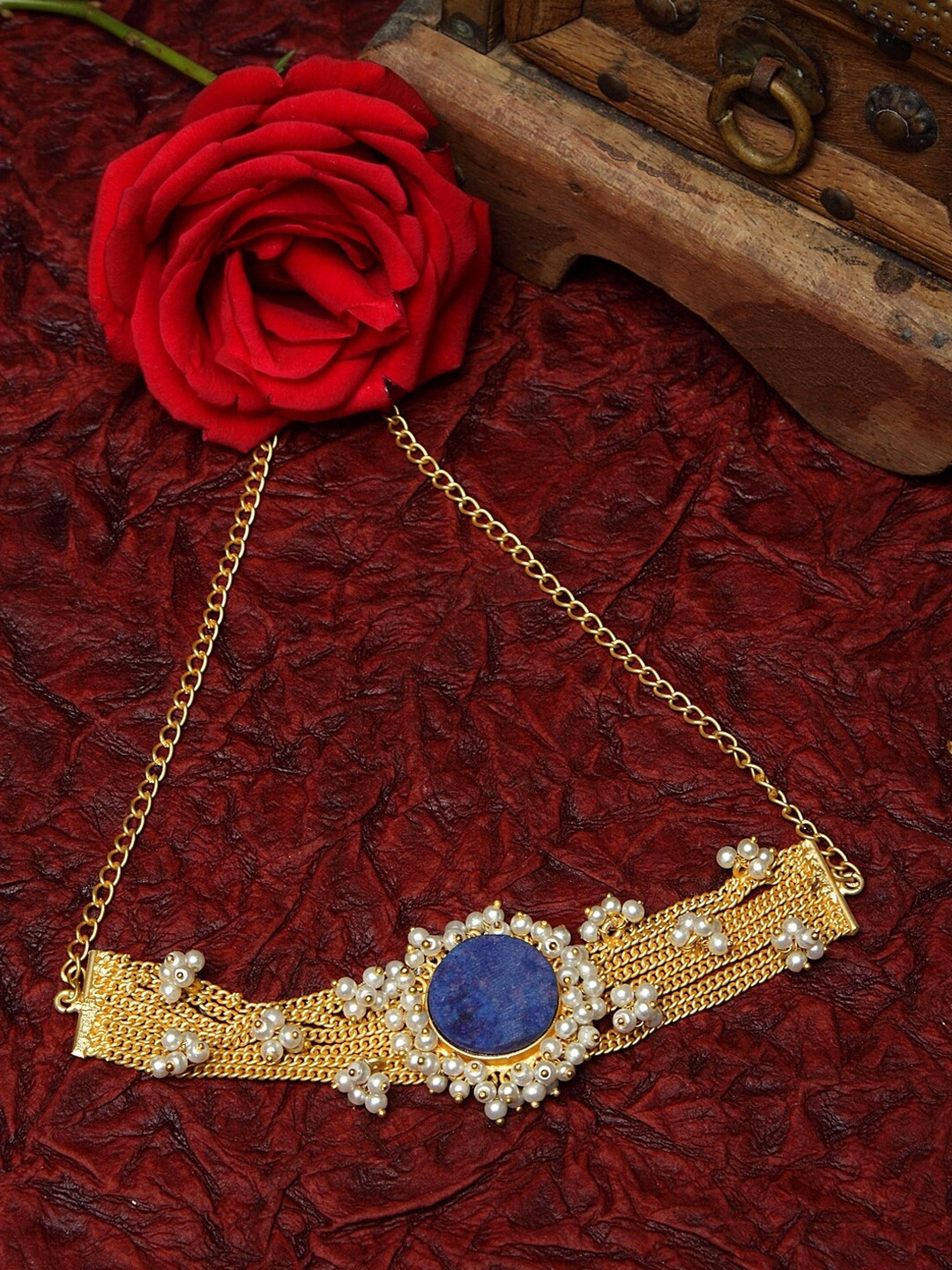 

Moedbuille Gold-Toned & Blue Brass Handcrafted Pearls Studded Choker Necklace