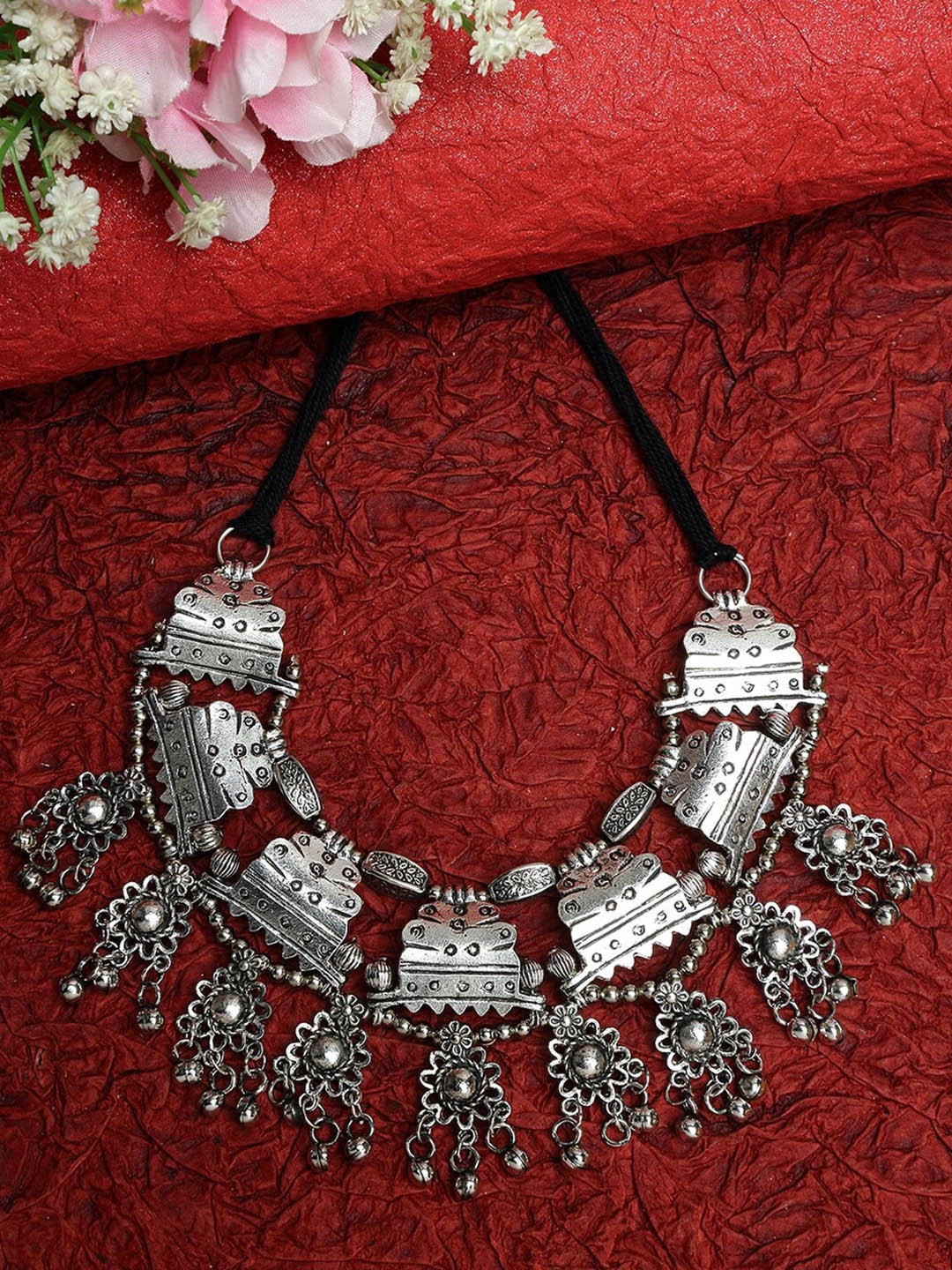 

Moedbuille Silver-Plated & Black Oxidised Tribal Tasselled Necklace