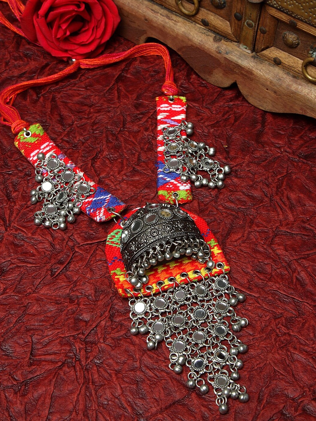 

Moedbuille Blue & Red Silver-Plated Mirror Handcrafted Afghan Tasselled Oxidised Necklace