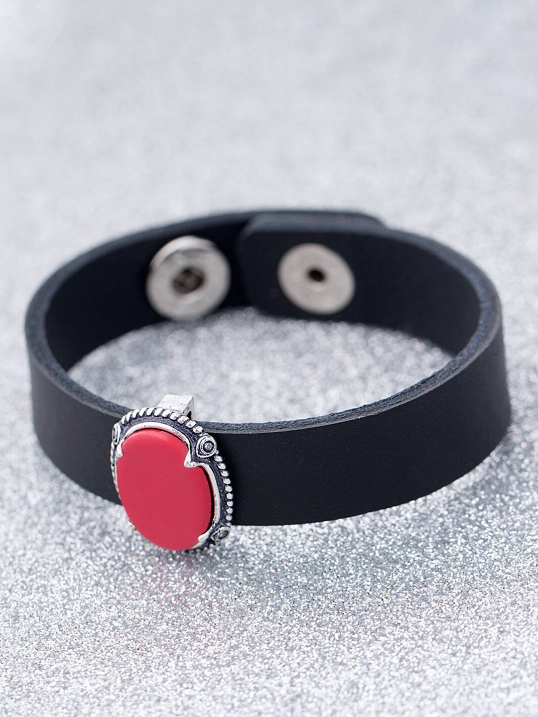 

Dare by Voylla Men Silver-Plated & Black Leather Wraparound Bracelet