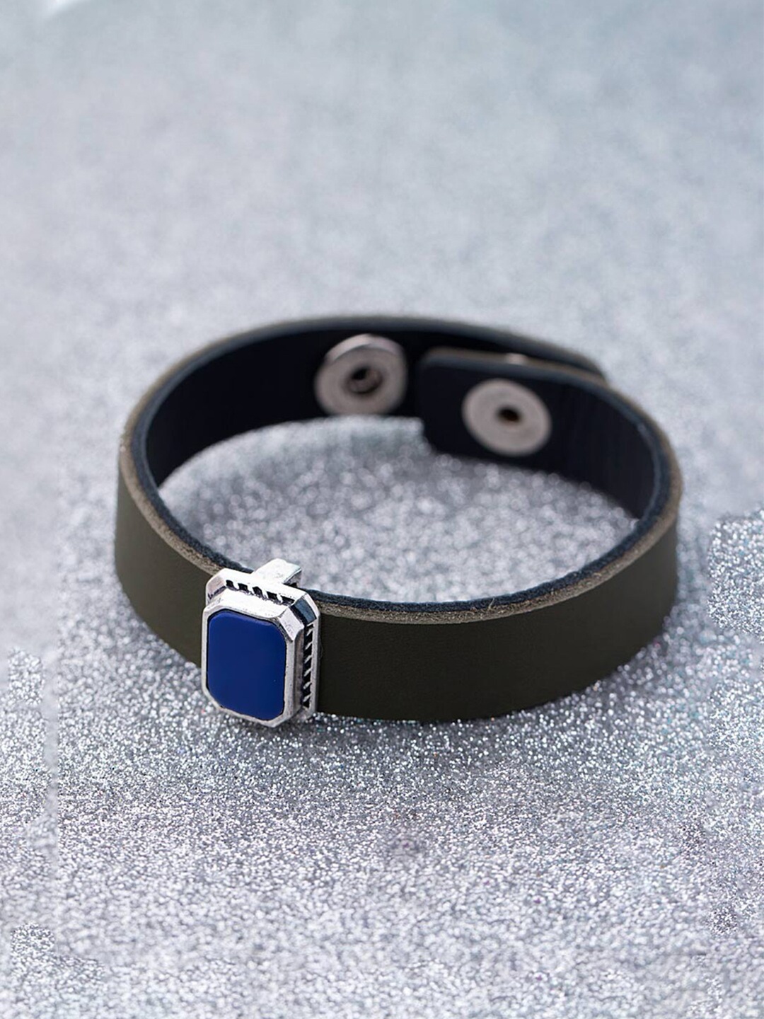 

Dare by Voylla Men Silver-Plated & Blue Leather Wraparound Bracelet