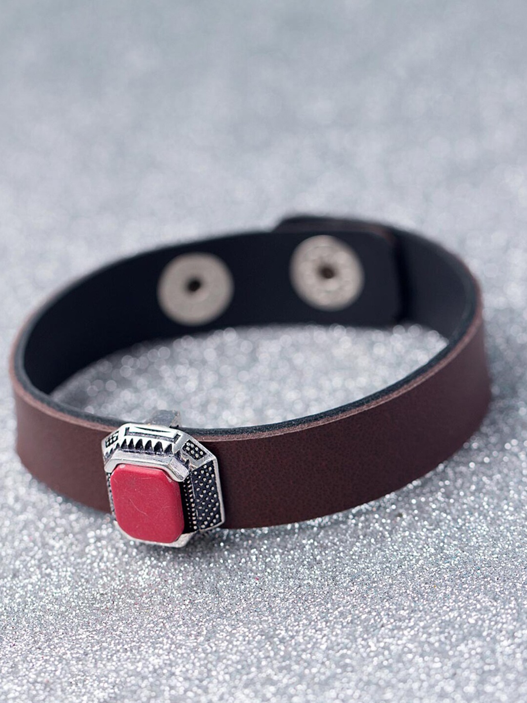 

Dare by Voylla Men Brown Leather Silver-Plated Wraparound Bracelet