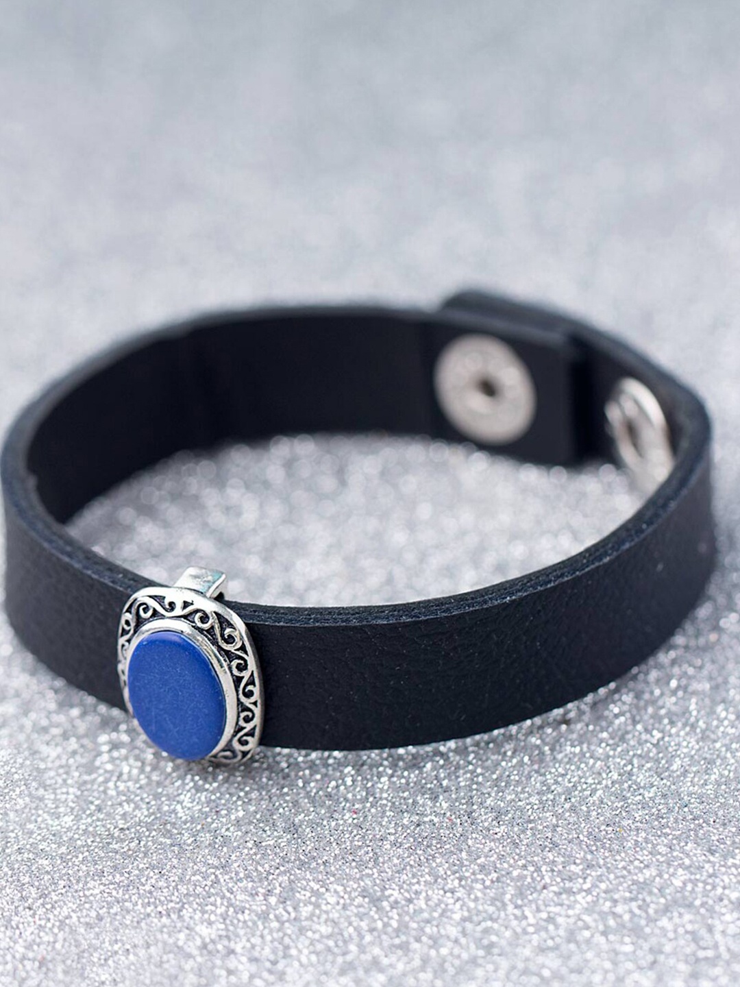 

Dare by Voylla Men Silver-Plated Blue Leather Wraparound Bracelet