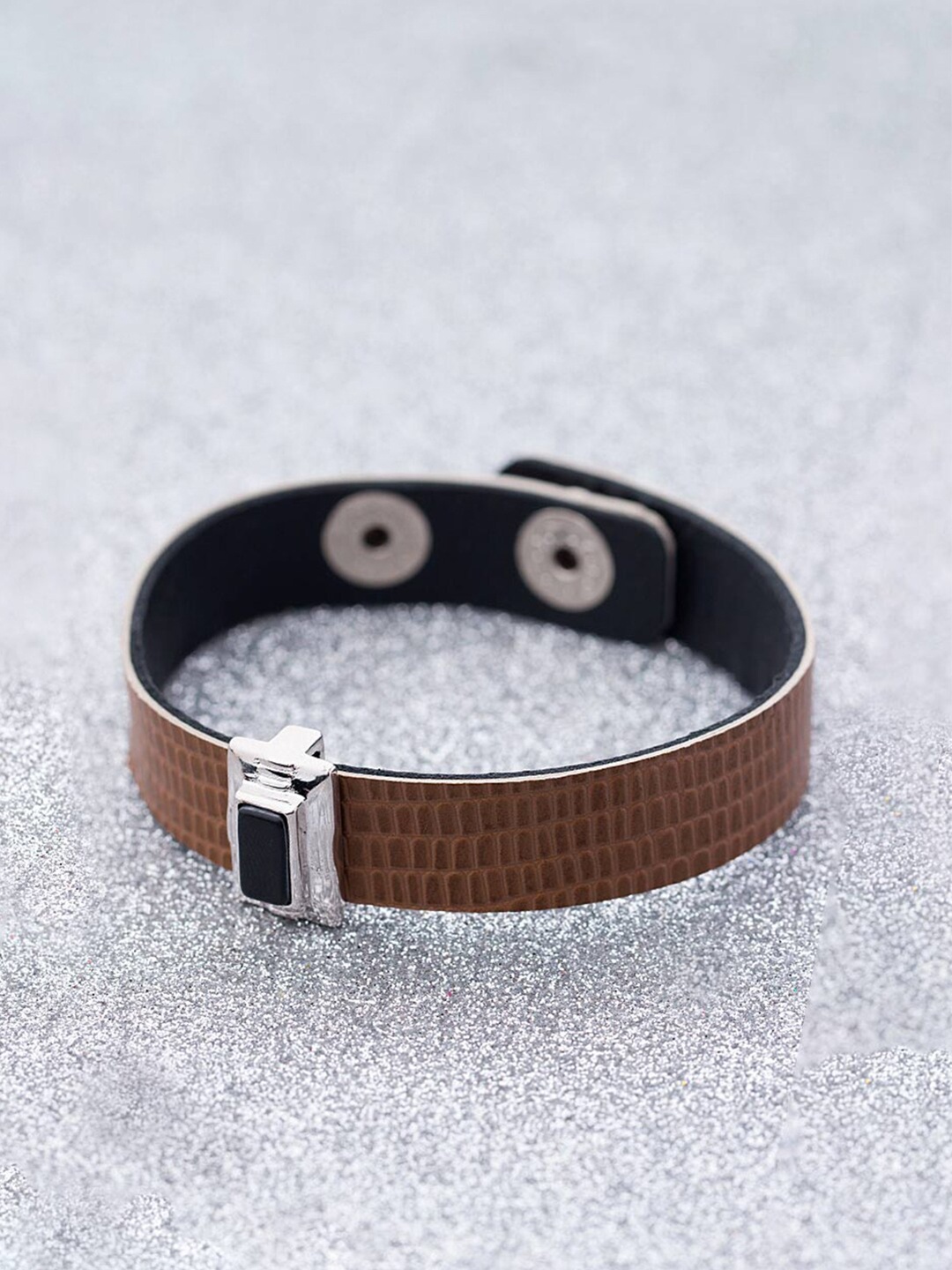 

Dare by Voylla Men Silver-Toned & Black Leather Silver-Plated Wraparound Bracelet