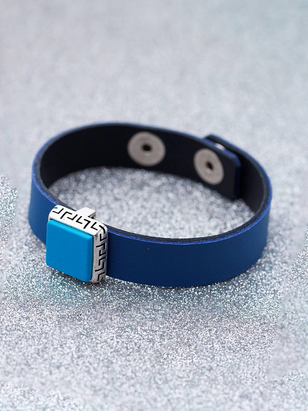 

Dare by Voylla Men Silver-Plated & Blue Leather Wraparound Bracelet