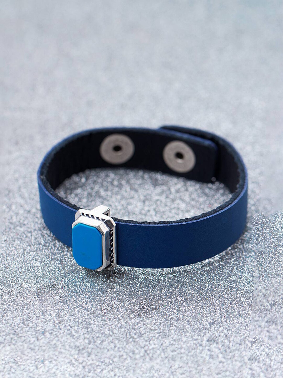

Dare by Voylla Men Silver-Plated & Blue Leather Enamelled Wraparound Bracelet