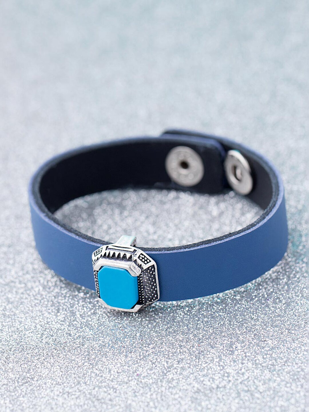 

Dare by Voylla Men Silver-Plated Blue Leather Handcrafted Wraparound Bracelet