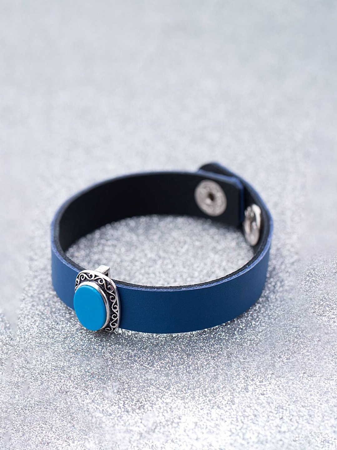 

Dare by Voylla Men Silver-Plated & Blue Leather Wraparound Bracelet