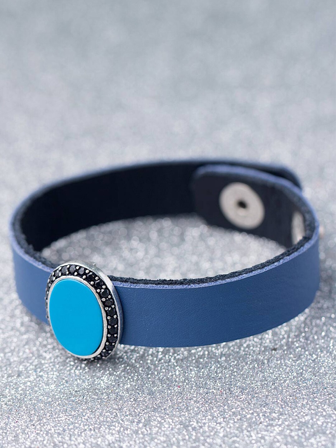 

Dare by Voylla Men Silver-Plated & Blue Leather Handcrafted Wraparound Bracelet