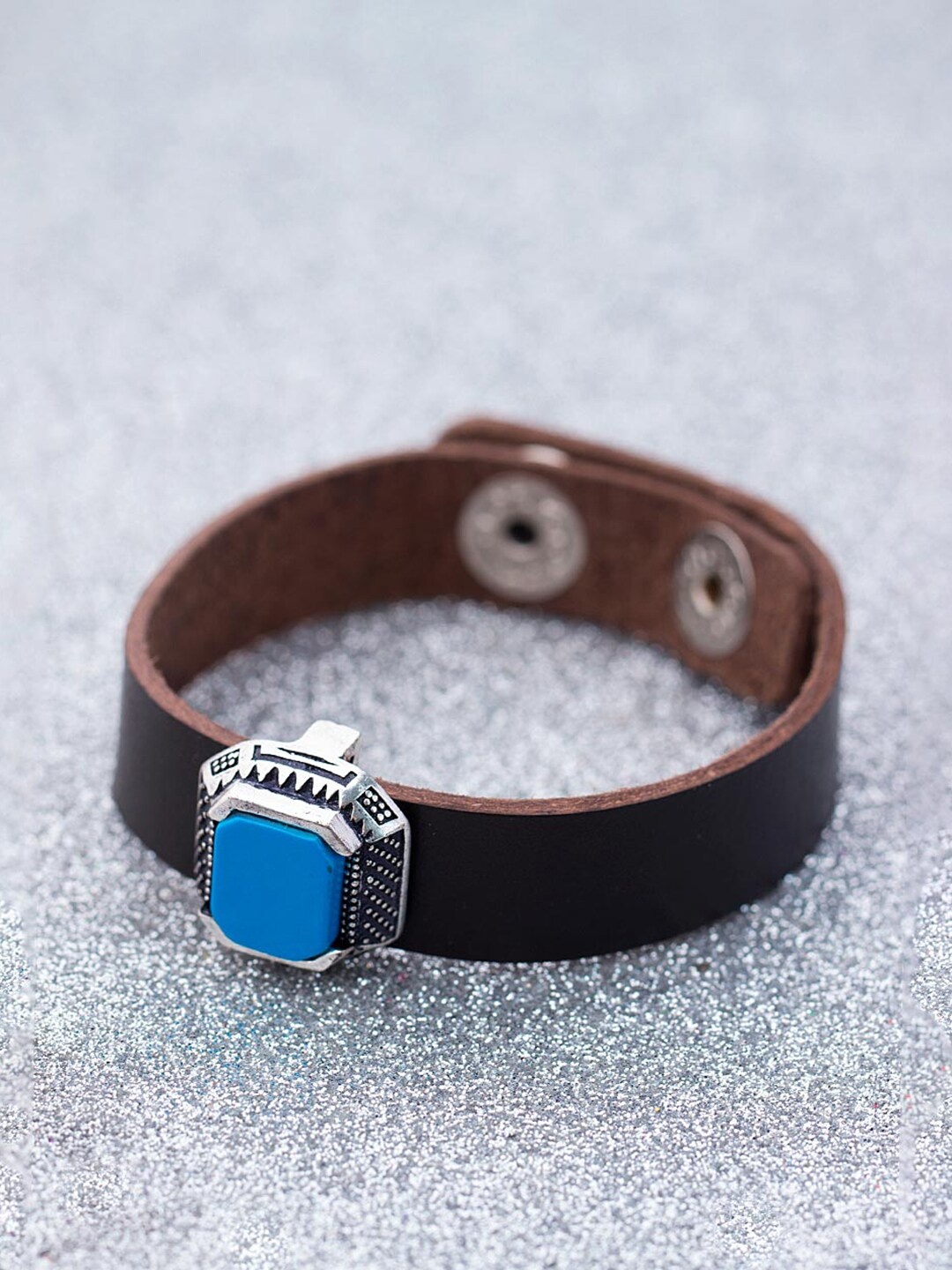 

Dare by Voylla Men Silver-Plated Blue Leather Wraparound Bracelet, Black