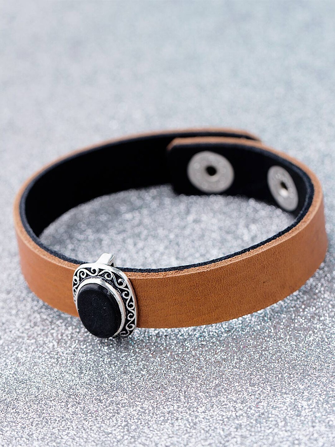 

Dare by Voylla Men Silver-Plated & Tan Brown Leather Wraparound Bracelet