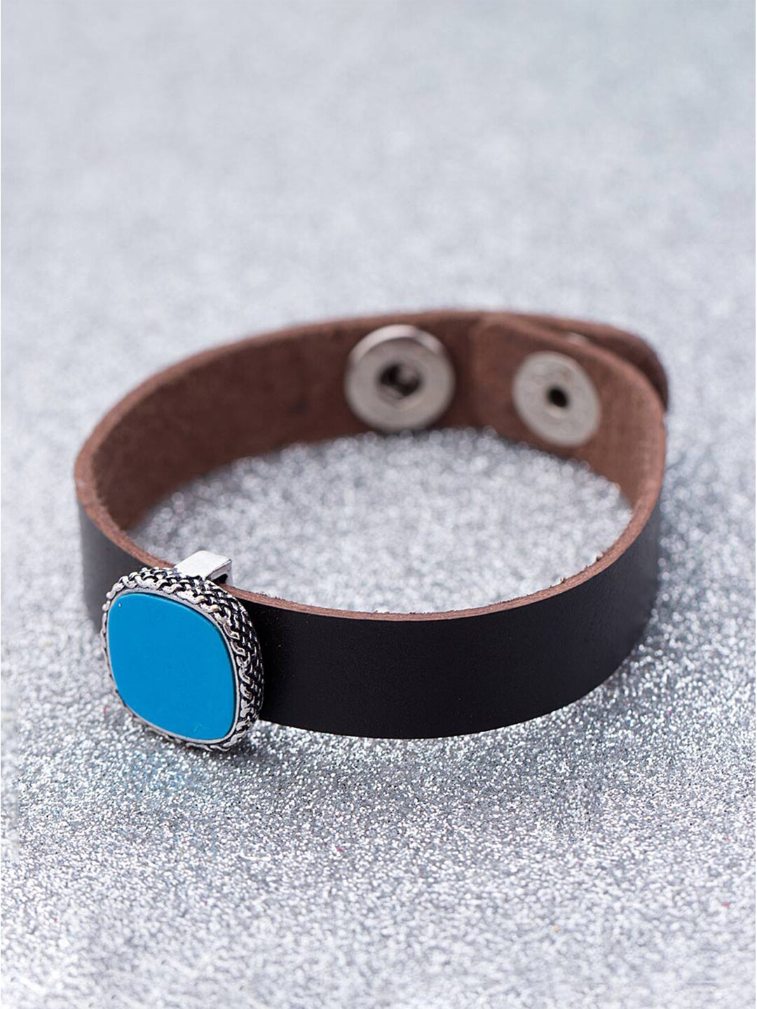 

Dare by Voylla Men Black Leather Silver-Plated Handcrafted Wraparound Bracelet
