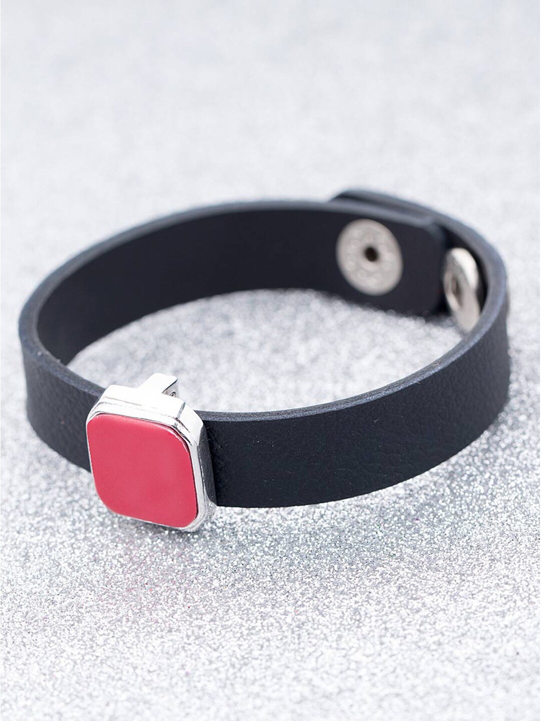 

Dare by Voylla Men Silver-Toned & Black Leather Silver-Plated Wraparound Bracelet