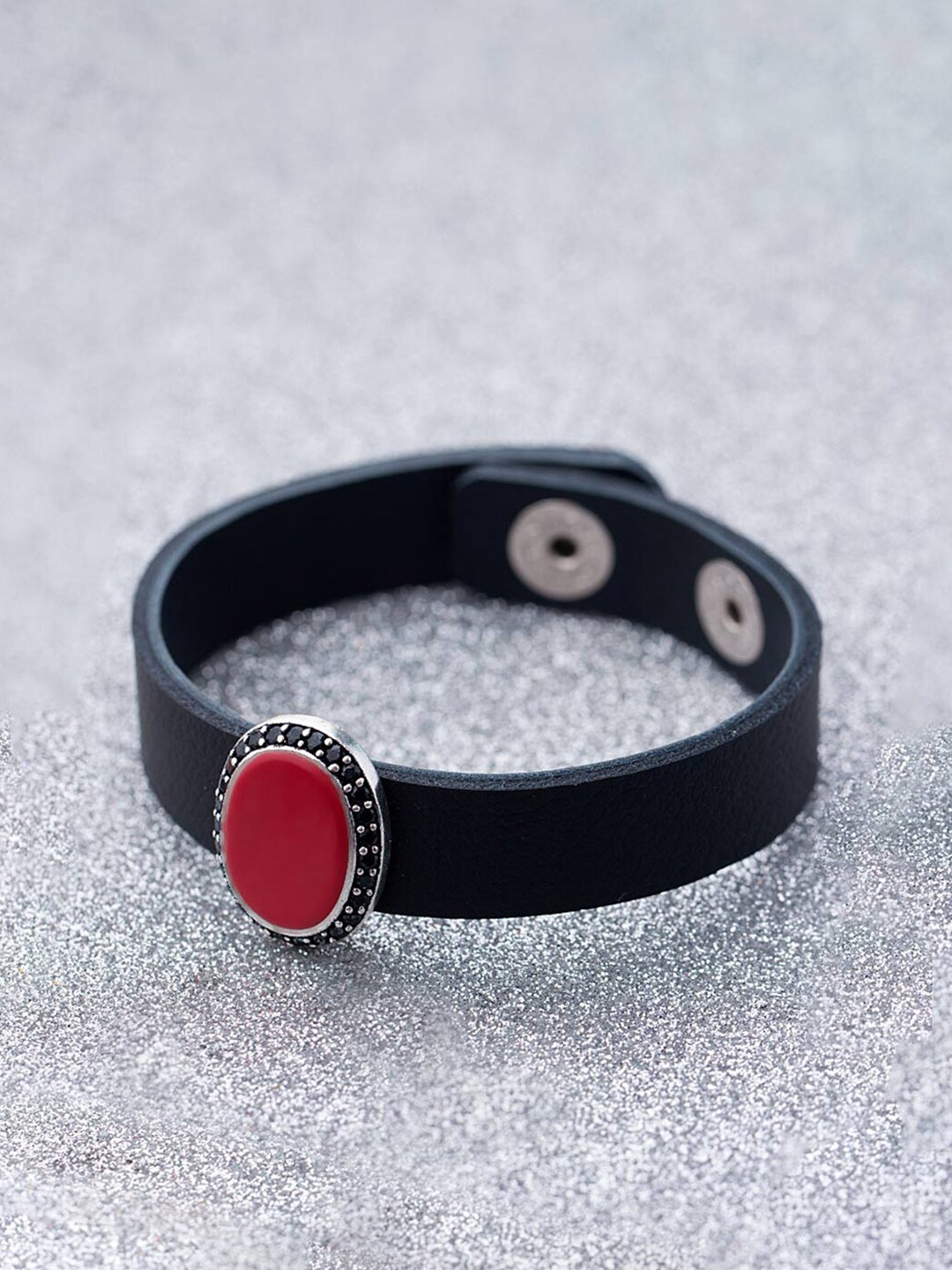 

Dare by Voylla Men Black Leather Silver-Plated Wraparound Bracelet