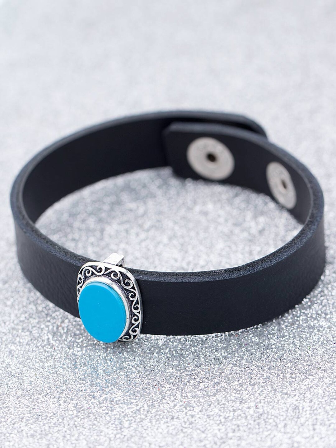 

Dare by Voylla Men Silver-Toned & Black Leather Wraparound Bracelet
