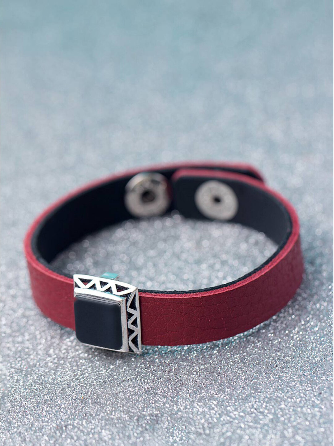 

Dare by Voylla Men Silver-Toned & Black Leather Wraparound Bracelet