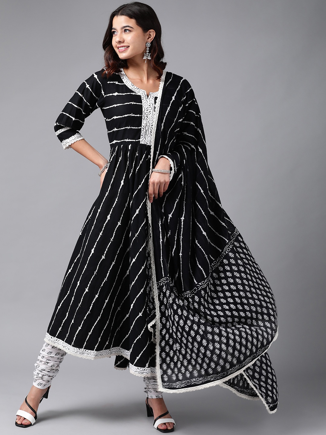 

Libas Women Black & White Striped Cotton A-Line Kurta with Churidar & Dupatta