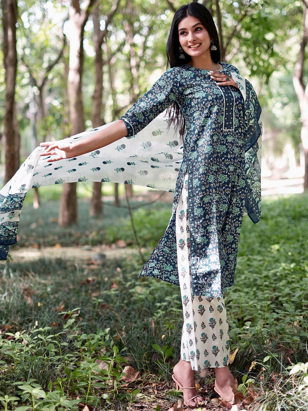 

Libas Women Blue Printed Kurta with Palazzos & Dupatta