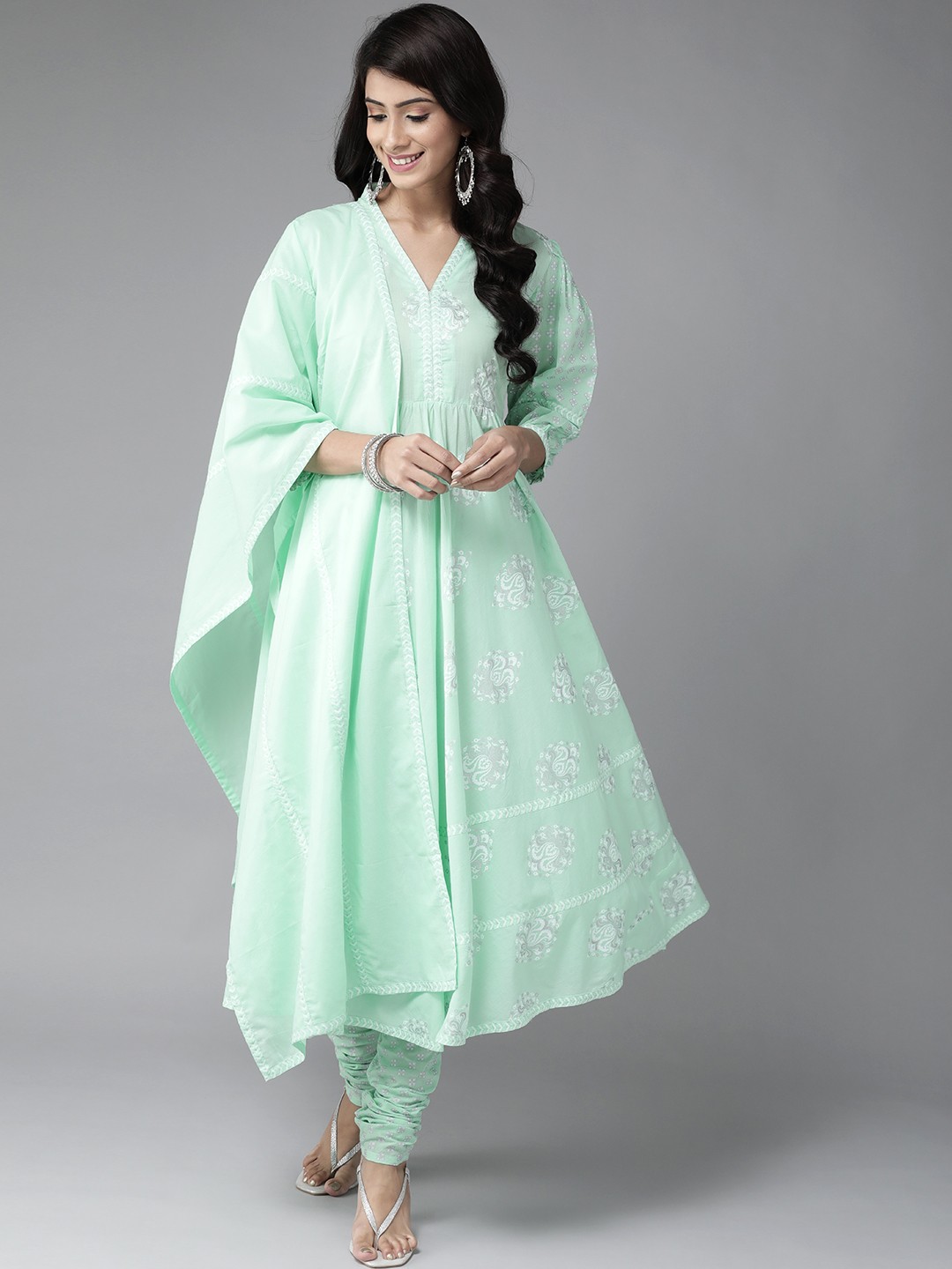 

Libas Women Green & Off-White Printed Pure Cotton Kurta with Churidar & Dupatta