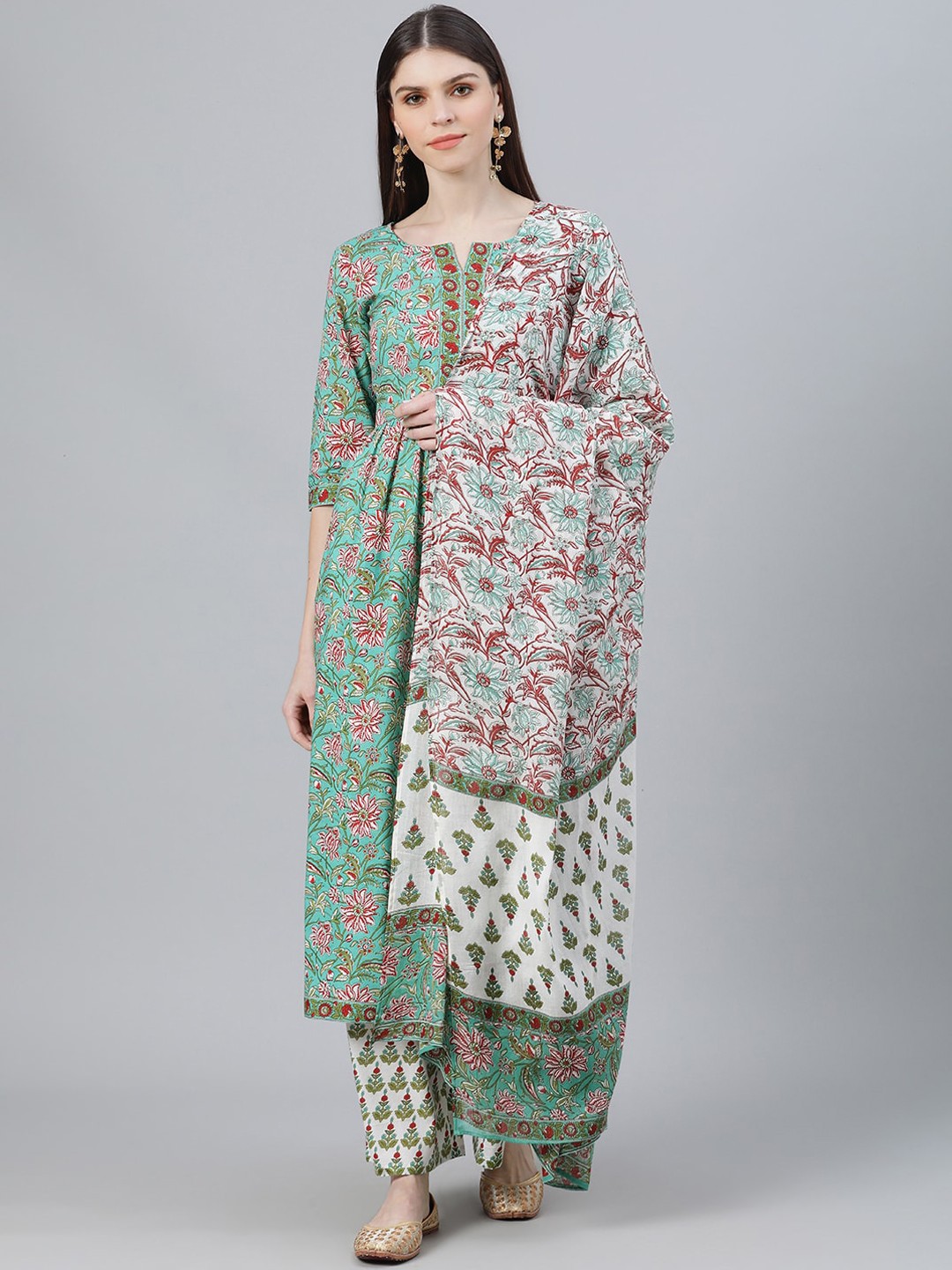 

Libas Women Sea Green & White Floral Printed Regular A-Line Pure Cotton Kurta & Palazzos