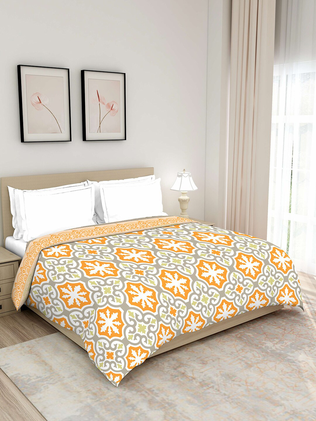 

Layers Grey & Orange Ethnic Motifs AC Room 120 GSM Double Bed Comforter