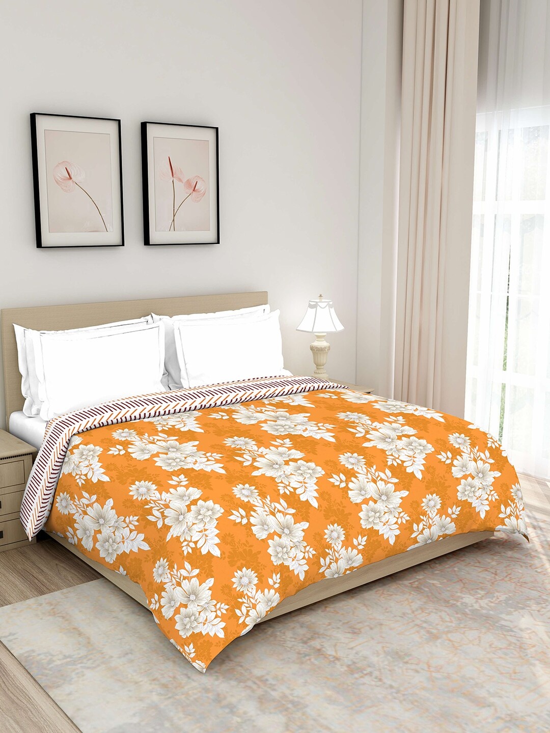 

Layers White & Orange Floral AC Room 120 GSM Double Bed Comforter