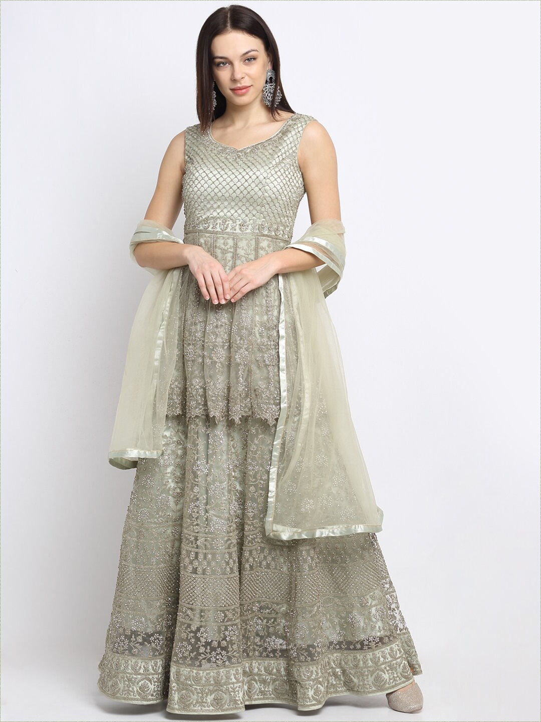 

Stylee LIFESTYLE Green Net Semi-Stitched Dress Material