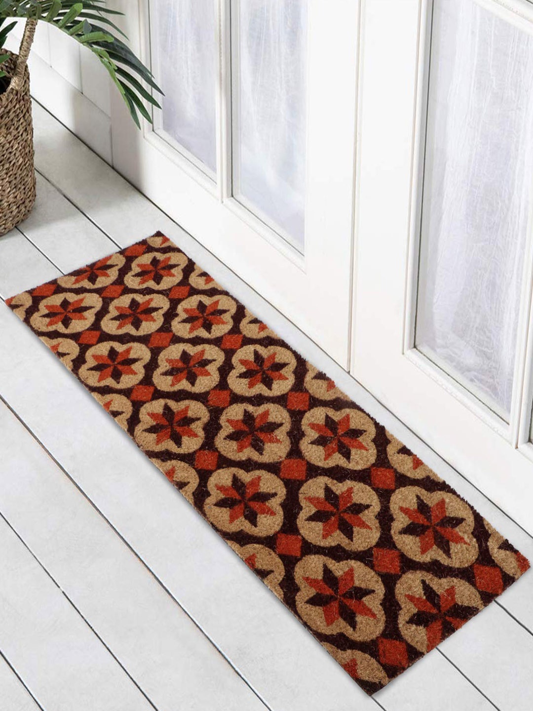 

HOKIPO Coffee Brown & Beige Ethnic Motifs Print Rectangular Coconut Coir Anti-Skid Doormat