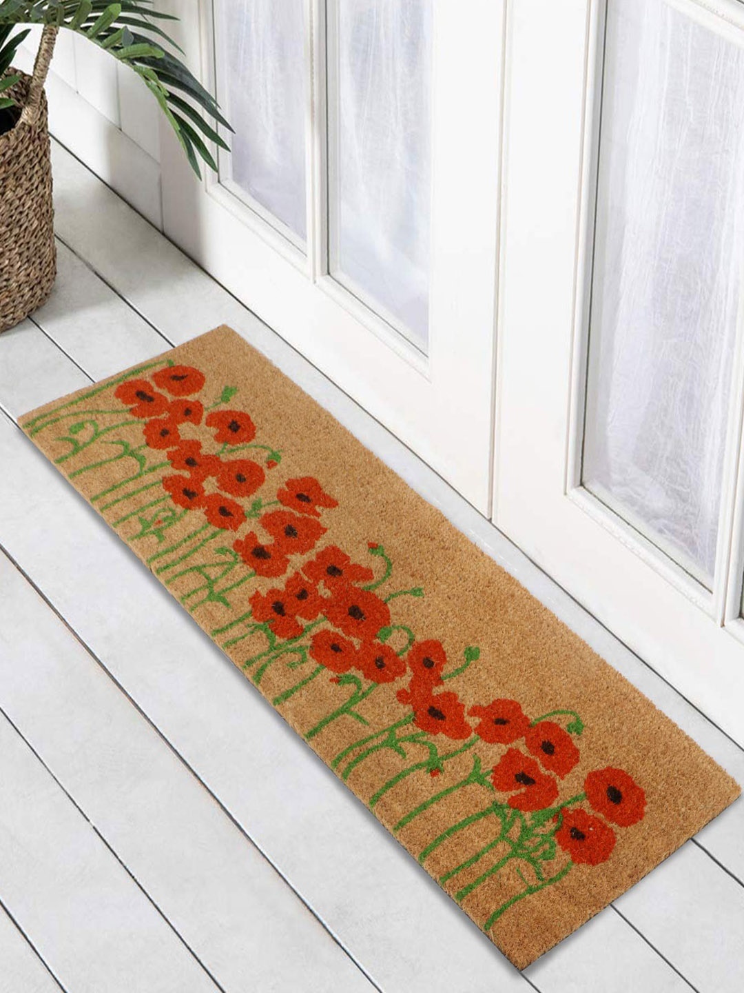 

HOKIPO Brown & Orange Floral Printed Rectangular Coconut Coir Anti-Skid Doormat