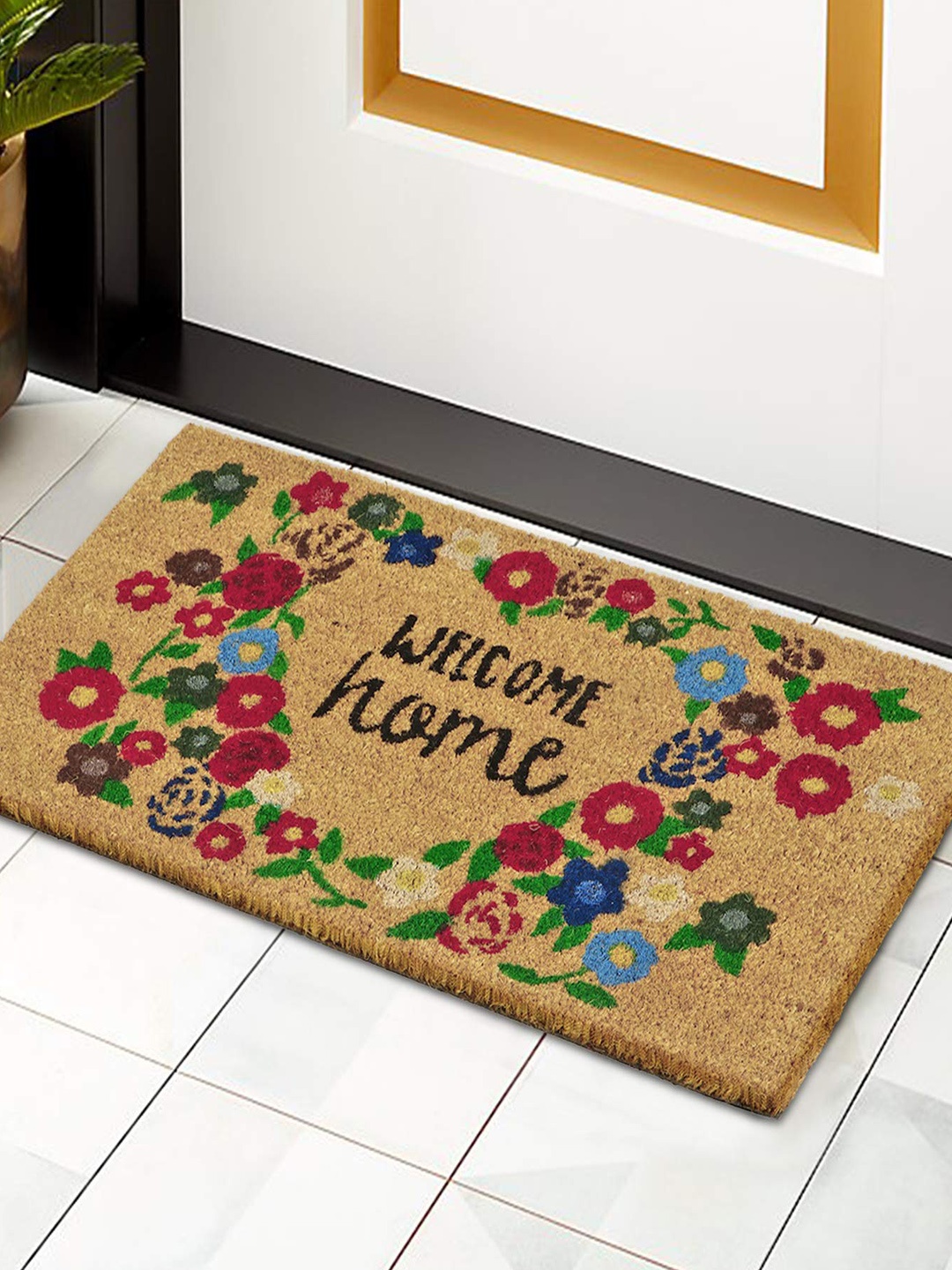 

HOKIPO Brown & Red Floral Printed Rectangular Coconut Coir Anti-Skid Doormat
