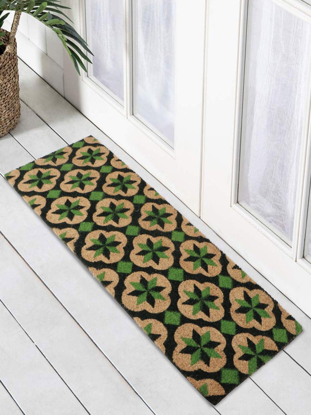 

HOKIPO Beige & Green Ethnic Motifs Printed Rectangular Coconut Coir Anti-Skid Doormat