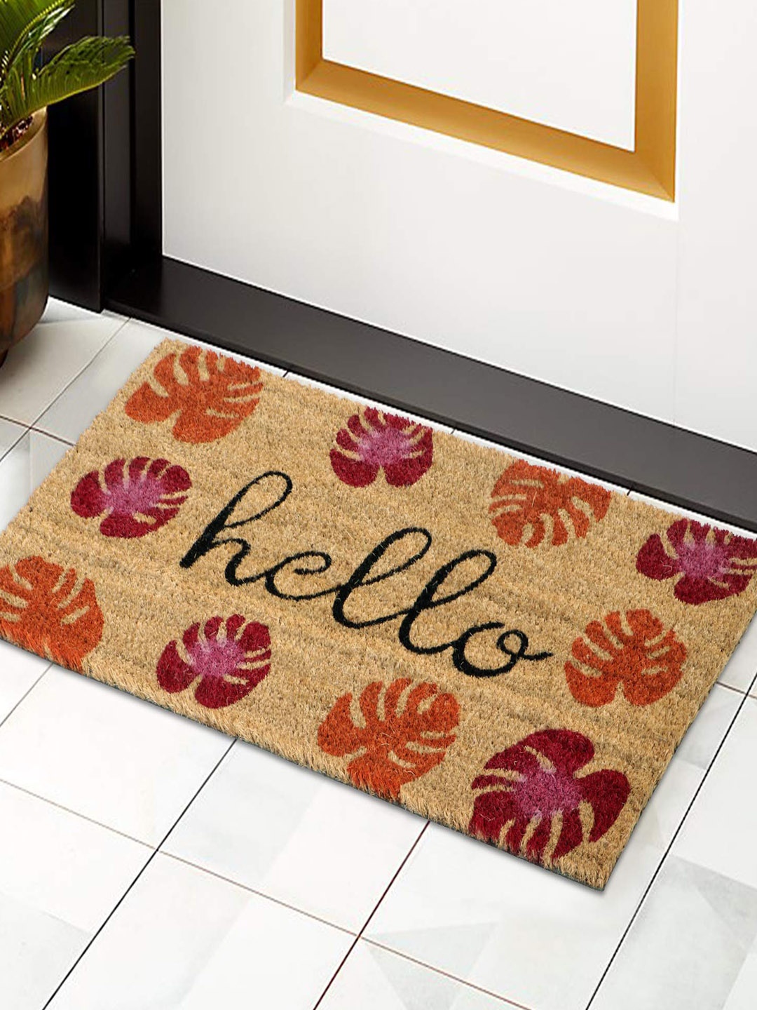 

HOKIPO Camel Brown & Orange Leaf Printed Rectangular Coconut Coir Anti-Skid Doormat