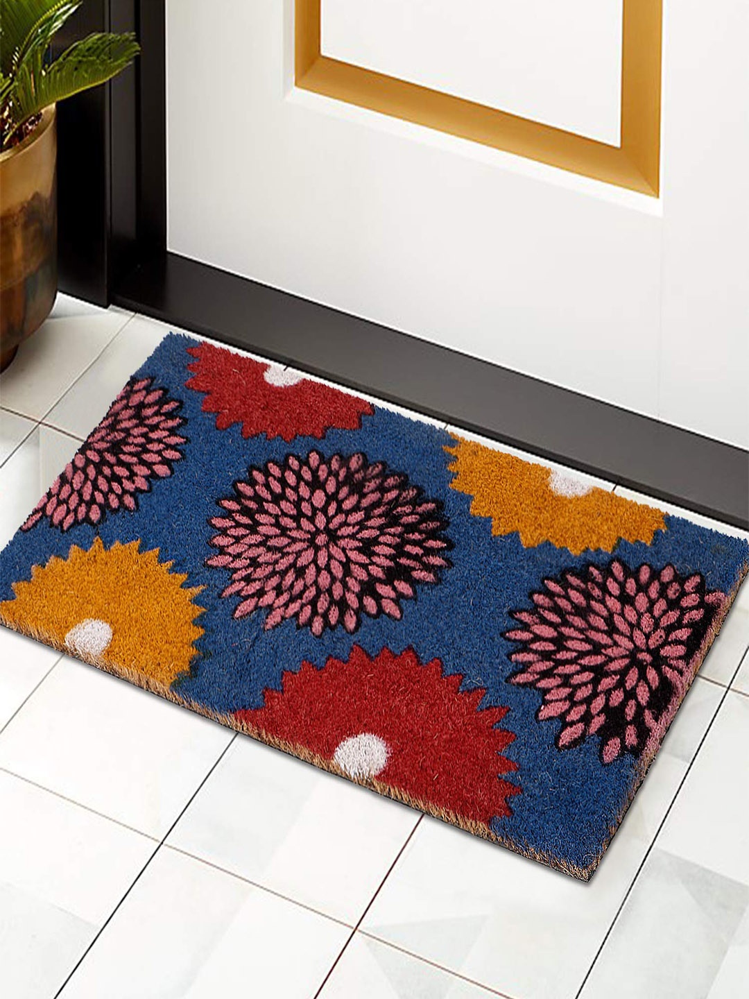 

HOKIPO Navy Blue & Yellow Floral Printed Rectangular Coconut Coir Anti-Skid Doormat