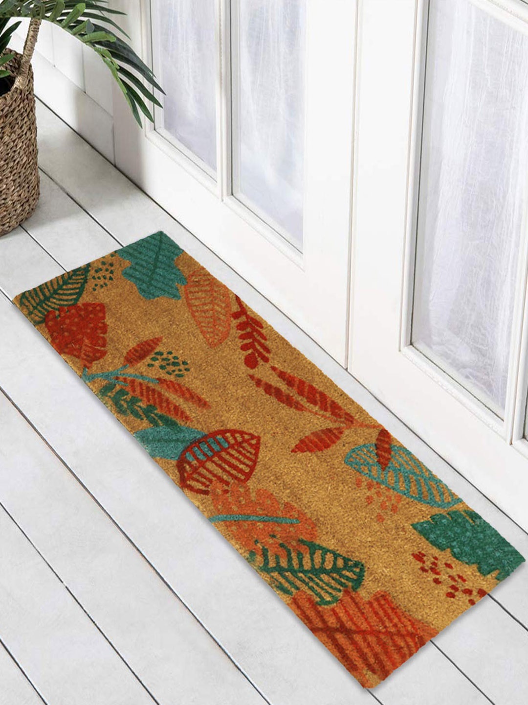 

HOKIPO Brown & Red Leaf Printed Natural Coconut Coir Anti-Skid Door Mat