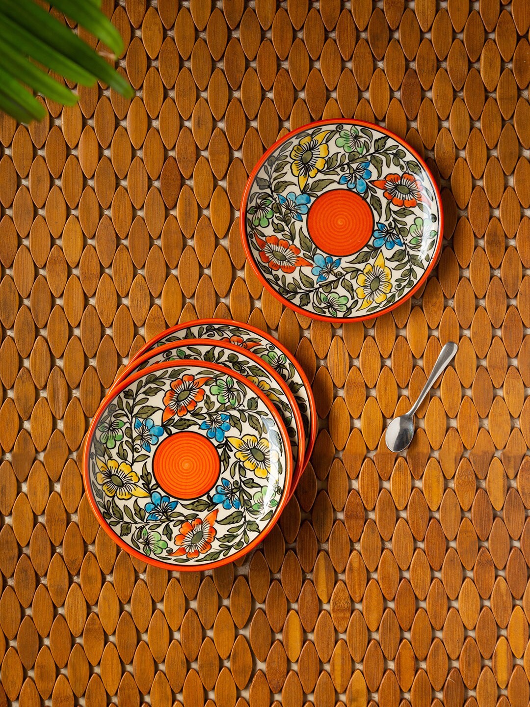 

ExclusiveLane Set of 4 Orange Handpainted Ceramic Quarter Plates, White