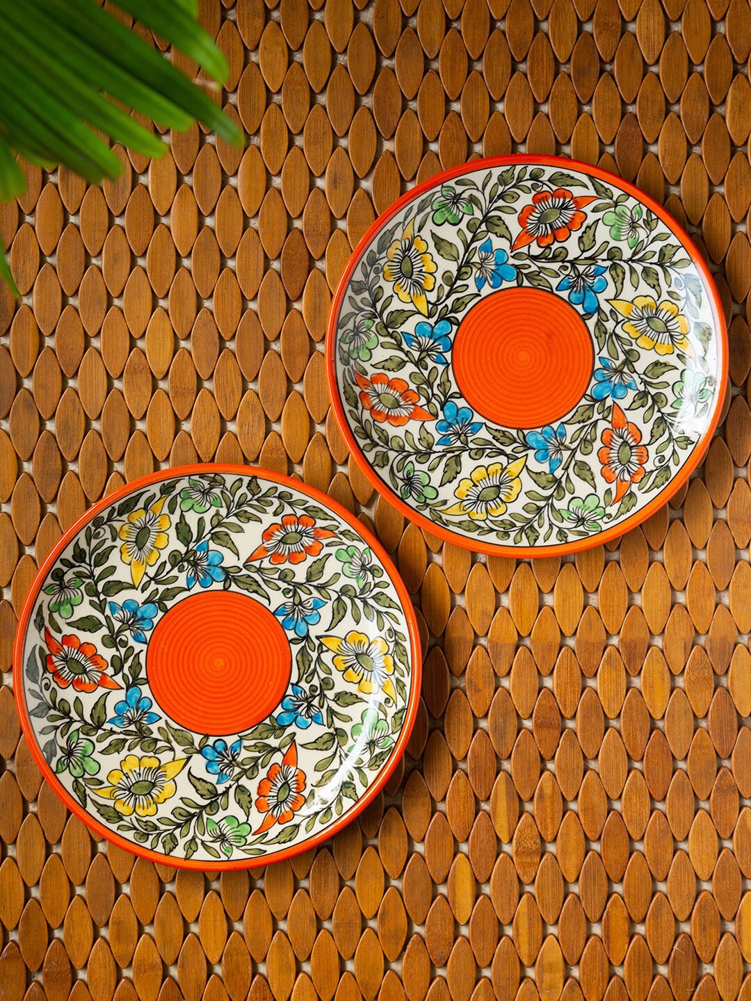 

ExclusiveLane White & Orange Set of 2 Hand-painted Ceramic Microwave Safe Dinner Plates