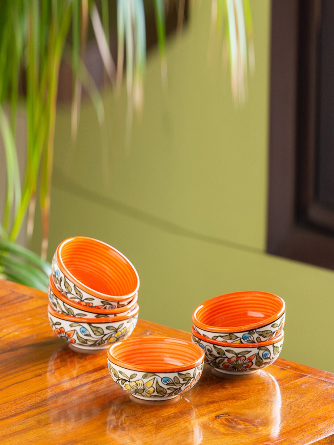 

ExclusiveLane Set of 6 Off-White Orange Hand-Painted Ceramic Dinner Bowls 160 ml