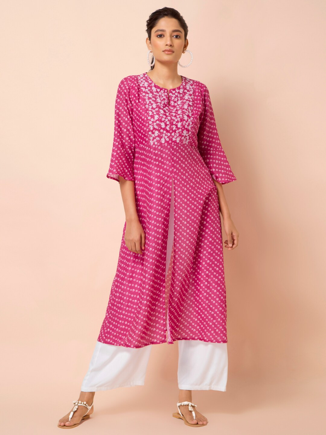 

INDYA Women Pink & White Ethnic Motifs Embroidered Kurta
