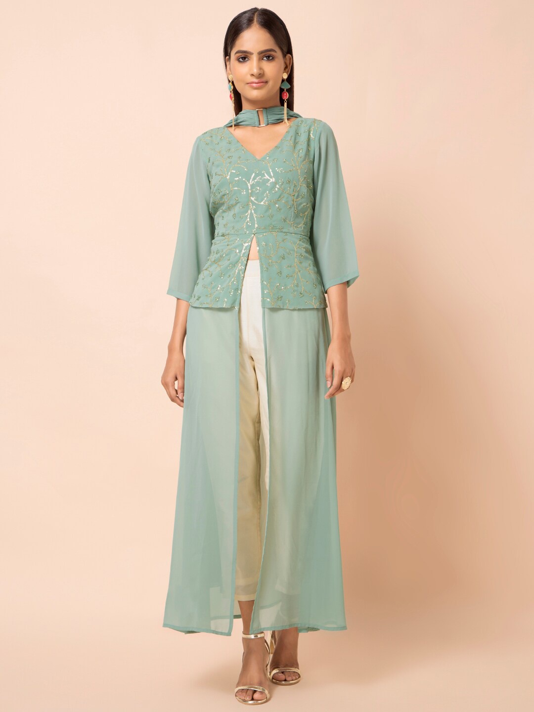 

INDYA Women's Teal & Gold-Toned Embroidered Tunic